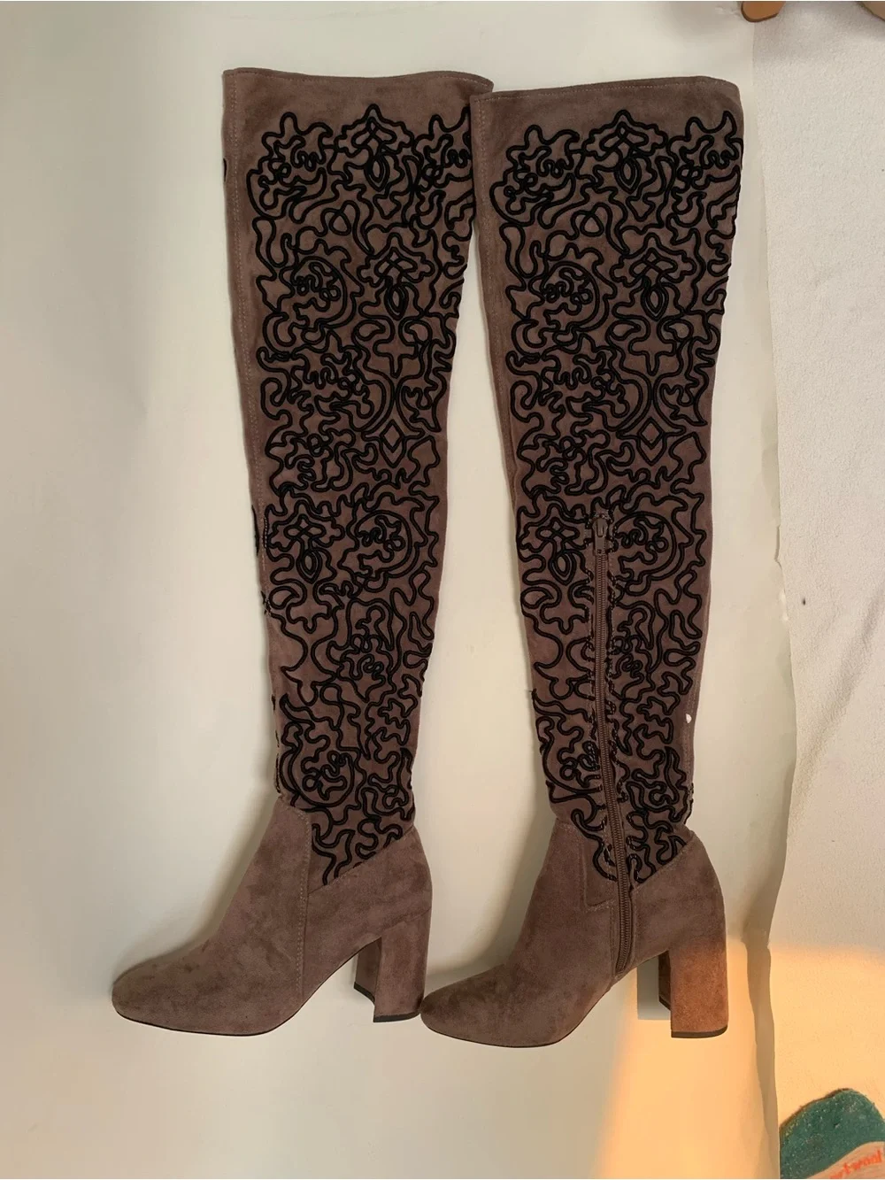 Jeffrey Campbell Cienage Taupe Over-the-Knee Embroidered Block Heel Boots Suede